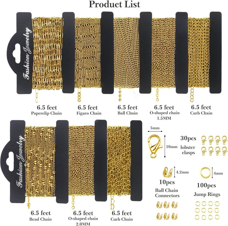 Ecoofor 18k Gold Necklace Chains for Jewelry Making, 52.5 Feet 8 Rolls Bracelet Chains for DIY,6.5 Feet Each Style, Gold Plated Chain with Jump Rings/Lobster Clasps/Connectors - Image 4
